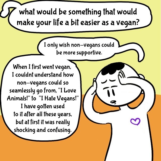 Comic with orange/yellow background. Person in black/white. Text balloons. 
- What would be something that would make your life a bit easier as a vegan? 
- I only wish non-vegans could be more supportive
- When I first went vegan, I couldn't understand how non-vegans could so seamlessly fgo from "I love Animals" to "I hate vegans". I have gotten used to it after all these years, but at first it was really shocking and confusing. 